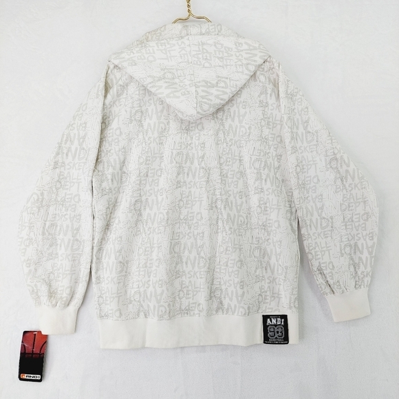 NEW And1 White with Gray Logo Pattern Zip Front Pockets Hooded Sweatshirt Z16 - Picture 6 of 8